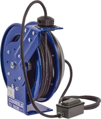 CoxReels - 12 AWG, 100' Cable Length, Cord & Cable Reel with Duplex GFCI Outlet Box End - 2 Outlets, NEMA 5-20R, 20 Amps, 115 Volts, SJO Cable, Blue Reel, Spring Driven Reel - Exact Industrial Supply