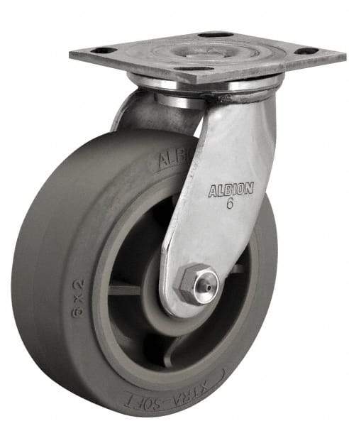 Albion - 8" Diam x 2" Wide x 9-1/2" OAH Top Plate Mount Swivel Caster - Soft Rubber, 500 Lb Capacity, Delrin Bearing, 4 x 4-1/2" Plate - Exact Industrial Supply