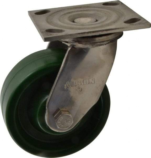 Albion - 5" Diam x 2" Wide x 6-1/2" OAH Top Plate Mount Swivel Caster - Polyurethane, 1,000 Lb Capacity, Delrin Bearing, 4 x 4-1/2" Plate - Exact Industrial Supply