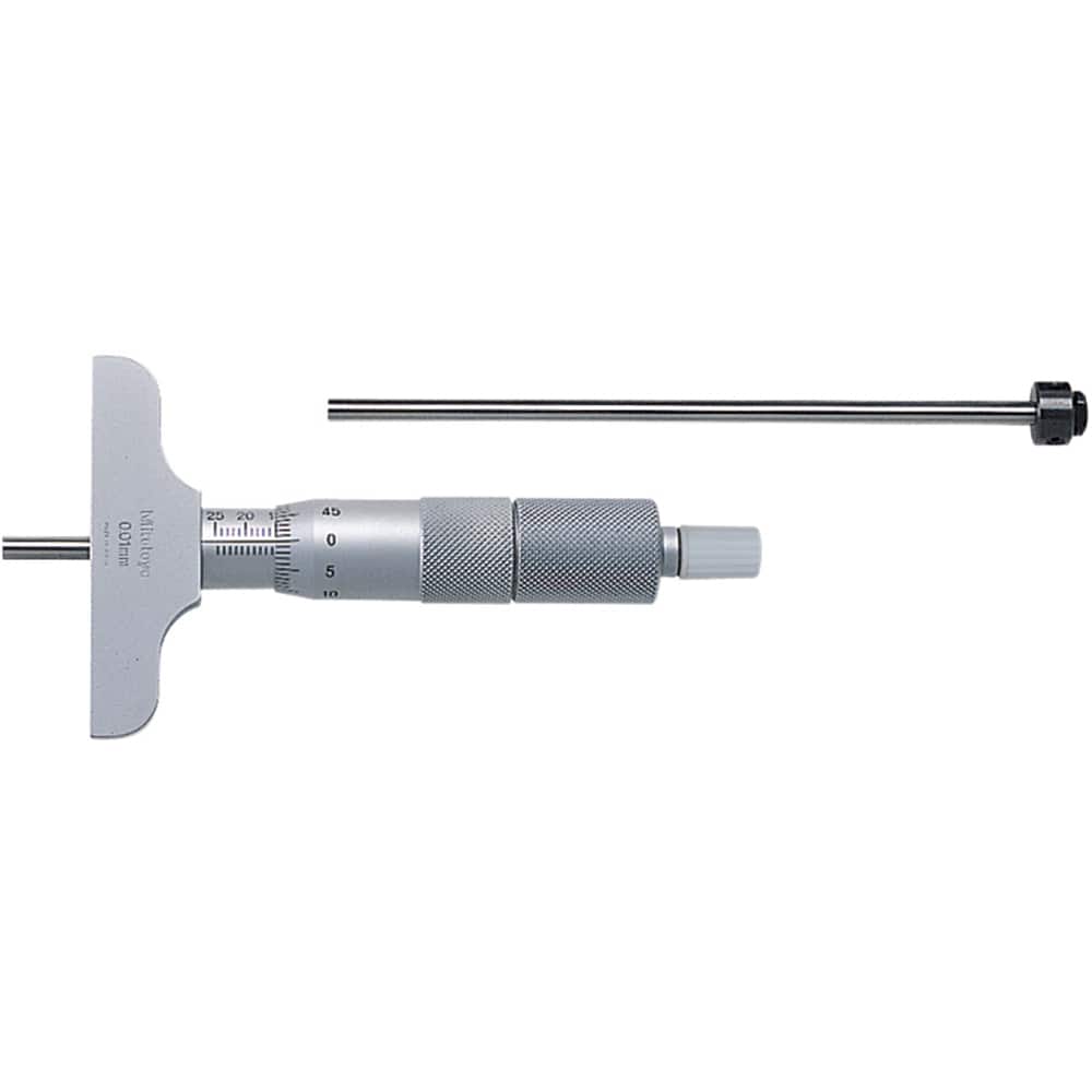 Mitutoyo - Mechanical Depth Micrometers; Minimum Measurement (mm): 0 ; Maximum Measurement (mm): 50 ; Base Length (Decimal Inch): 63.5000 ; Features: 4mm diameter measuring rod, ratchet stop for constant force, supplied in a fitted plastic case, can be a - Exact Industrial Supply