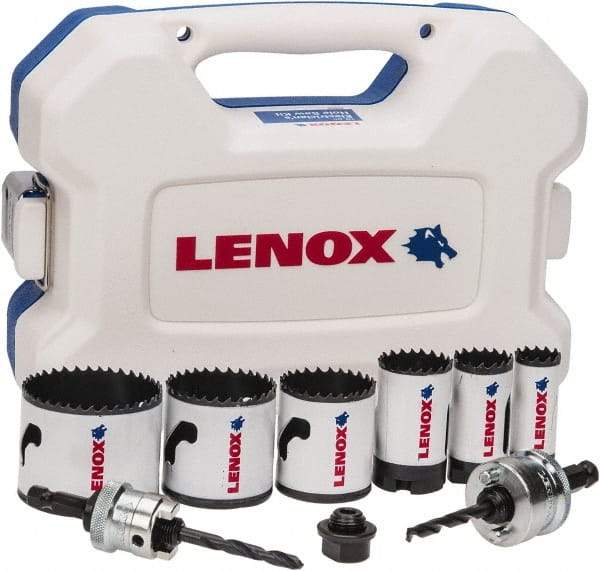 Lenox - 9 Piece, 7/8" to 2-1/4" Saw Diam, Electrician's Hole Saw Kit - Bi-Metal, Toothed Edge, Includes 6 Hole Saws - Exact Industrial Supply