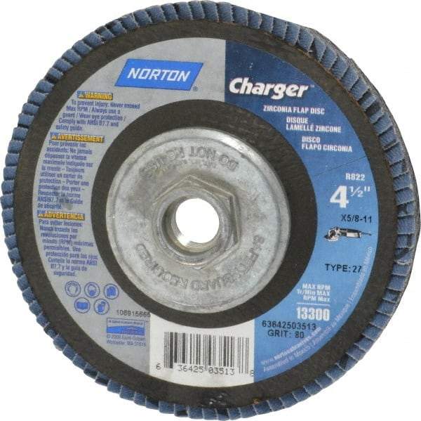 Norton - 40 Grit, 7" Disc Diam, 5/8-11 Center Hole, Type 27 Zirconia Alumina Flap Disc - 8,600 Max RPM, Fiberglass Backing, Arbor Attaching System, Coated - Exact Industrial Supply