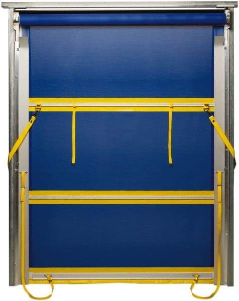 TMI, LLC - 8' Door Width x 10' Door Height PVC Mesh Bug Screen & Spring Loaded Manuel (Style) Roll Up Dock Screen - Blue/Yellow - Exact Industrial Supply