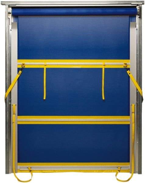 TMI, LLC - 8' Door Width x 8' Door Height PVC Mesh Bug Screen & Spring Loaded Manuel (Style) Roll Up Dock Screen - Blue/Yellow - Exact Industrial Supply