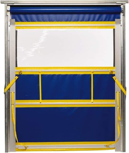 TMI, LLC - 10' Door Width x 10' Door Height PVC Solid with Vision Panel & Spring Loaded Manual (Style) Roll Up Dock Screen - Blue/Yellow/Clear - Exact Industrial Supply