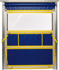 TMI, LLC - 6' Door Width x 8' Door Height PVC Solid with Vision Panel & Spring Loaded Manual (Style) Roll Up Dock Screen - Blue/Yellow/Clear - Exact Industrial Supply