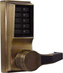 Kaba Access - Pushbutton Lock Lever Lockset for 1-3/8 to 2-1/4" Thick Doors - 2-3/4" Back Set, Nonkey Override Cylinder, Antique Brass Finish - Exact Industrial Supply