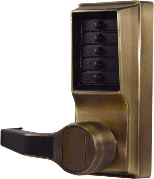 Kaba Access - Pushbutton Lock Lever Lockset for 1-3/8 to 2-1/4" Thick Doors - 2-3/4" Back Set, Nonkey Override Cylinder, Antique Brass Finish - Exact Industrial Supply