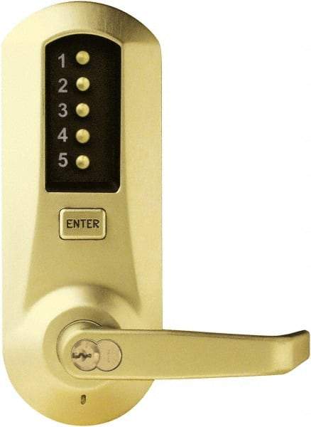 Kaba Access - Pushbutton Lock with Interchangeable Core Lever Lockset for 1-3/8 to 2-1/4" Thick Doors - 2-3/4" Back Set, 6 or 7 Pin Length Best & Compatible (Core Not Included) Cylinder, Satin Brass Finish - Exact Industrial Supply
