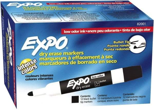 Expo - Black Low Odor Bullet Tip 12 Pack Dry Erase Markers - For Use with Dry Erase Marker Boards - Exact Industrial Supply