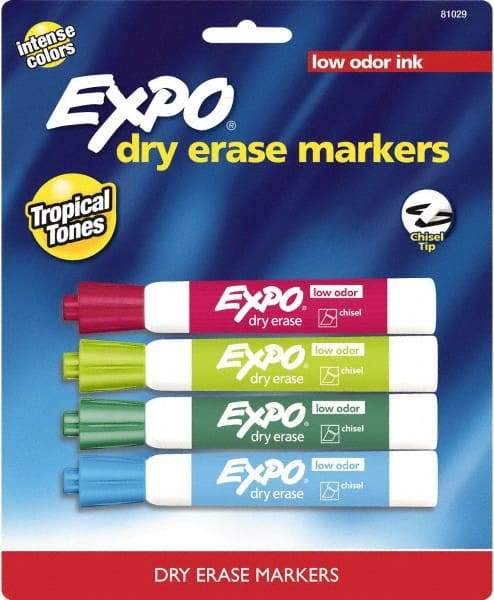 Expo - Aqua, Lime, Pink & Plum Low Odor Chisel Tip 4 Pack Dry Erase Markers - For Use with Dry Erase Marker Boards - Exact Industrial Supply
