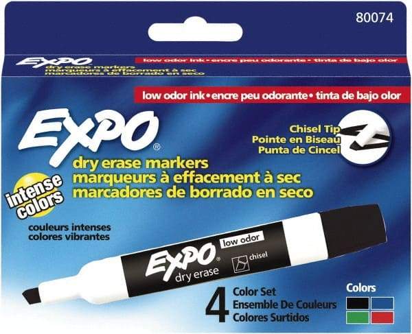 Expo - Black, Blue, Green & Red Low Odor Chisel Tip 4 Pack Dry Erase Markers - For Use with Dry Erase Marker Boards - Exact Industrial Supply