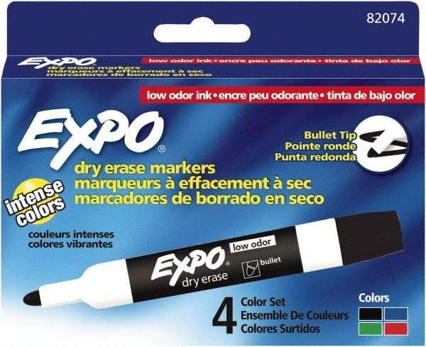 Expo - Black, Blue, Green & Red Low Odor Bullet Tip 4 Pack Dry Erase Markers - For Use with Dry Erase Marker Boards - Exact Industrial Supply