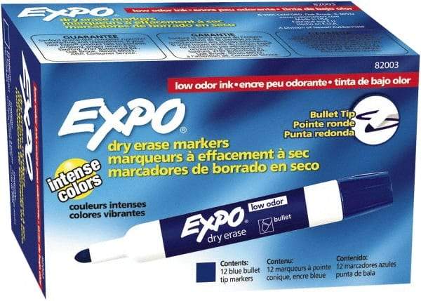 Expo - Blue Low Odor Bullet Tip 12 Pack Dry Erase Markers - For Use with Dry Erase Marker Boards - Exact Industrial Supply