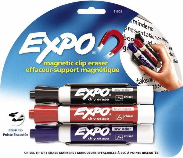 Expo - Chisel Tip 3 Pack with Dry Eraser - Includes Black, Red & Purple & Eraser, For Use with Dry Erase Marker Boards - Exact Industrial Supply