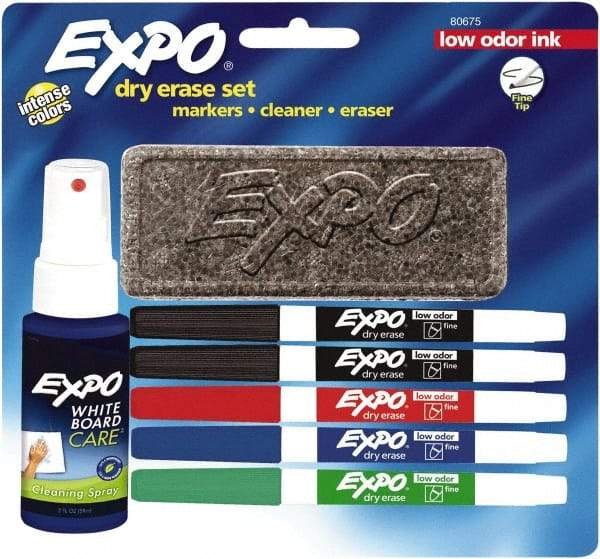 Expo - Red, Blue, Green & 2 Black Low Odor Fine Tip 5 Pack Dry Erase Markers - Includes 3 oz Cleaning Fluid & Eraser, For Use with Dry Erase Marker Boards - Exact Industrial Supply