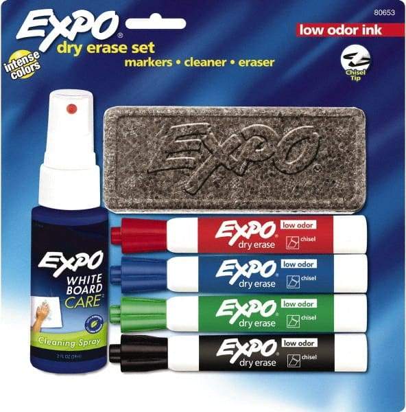 Expo - Red, Blue, Green & Black Low Odor 4 Pack Chisel Tip Dry Erase Markers - Includes Eraser & 3 oz Cleaning Fluid, For Use with Dry Erase Marker Boards - Exact Industrial Supply