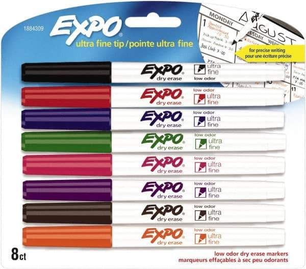 Expo - Black, Blue, Brown, Green, Orange, Pink, Purple & Red Low Odor Ultra Fine Tip 8 Pack Dry Erase Markers - For Use with Dry Erase Marker Boards - Exact Industrial Supply