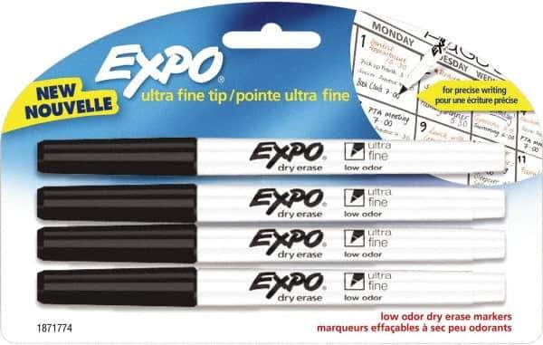 Expo - Black Low Odor Ultra Fine Tip 4 Pack Dry Erase Markers - For Use with Dry Erase Marker Boards - Exact Industrial Supply