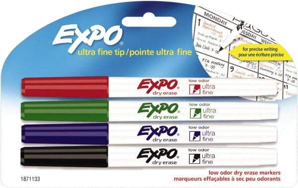Expo - Black, Blue, Green & Red Low Odor Ultra Fin Tip 4 Pack Dry Erase Markers - For Use with Dry Erase Marker Boards - Exact Industrial Supply