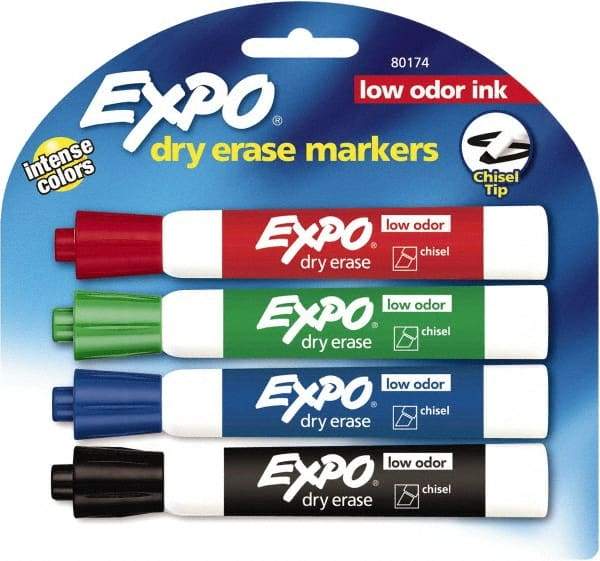 Expo - Black, Blue, Green & Red Low Odor Chisel Tip 4 Pack Dry Erase Markers - For Use with Dry Erase Marker Boards - Exact Industrial Supply
