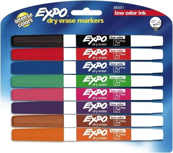 Expo - Black, Blue, Brown, Green, Orange, Pink, Purple & Red Low Odor Fine Tip 8 Pack Dry Erase Markers - For Use with Dry Erase Marker Boards - Exact Industrial Supply