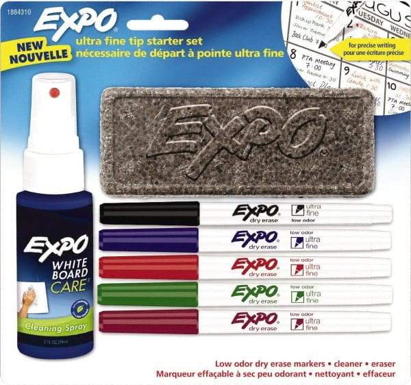 Expo - Black, Blue, Red, Green & Plum Low Odor Ultra Fine Tip 4 Pack Dry Erase Markers - Includes 2 oz Cleaning Fluid & Eraser, For Use with Dry Erase Marker Boards - Exact Industrial Supply