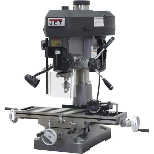 Jet - 1 Phase, 15-7/8" Swing, Step Pulley Mill Drill Combination - 9-1/2" Table Length x 32-1/4" Table Width, 20-1/2" Longitudinal Travel, 7" Cross Travel, 12 Spindle Speeds, 2 hp, 115/230 Volts - Exact Industrial Supply