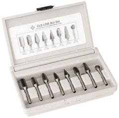 Cle-Line - 8 Piece, 1/4" Shank Burr Set - Solid Carbide, Multiple Head Shapes - Exact Industrial Supply