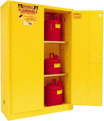 Securall Cabinets - 2 Door, 2 Shelf, Yellow Steel Standard Safety Cabinet for Flammable and Combustible Liquids - 65" High x 43" Wide x 18" Deep, Manual Closing Door, 3 Point Key Lock, 45 Gal Capacity - Exact Industrial Supply