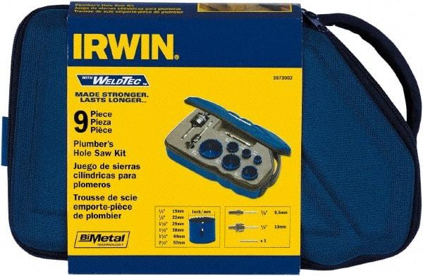 Irwin Blades - 9 Piece, 3/4" to 2-1/4" Saw Diam, Plumber's Hole Saw Kit - Bi-Metal, Toothed Edge, Pilot Drill Model No. 373000, Includes 6 Hole Saws - Exact Industrial Supply