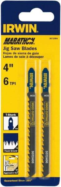 Irwin Blades - 4" Long x 0.049" Thick x 0.283" Wide, 6 Teeth per Inch, Carbon Steel Jig Saw Blade - Toothed Edge, T-Shank, Fleam Ground Tooth Set - Exact Industrial Supply