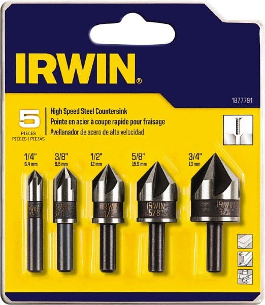 Irwin - 5 Piece, 1/4 to 3/4" Head Diam, 82° Included Angle, Single End Countersink Set - Exact Industrial Supply