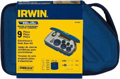 Irwin Blades - 9 Piece, 7/8" to 2-1/2" Saw Diam, Electrician's Hole Saw Kit - Bi-Metal, Toothed Edge, Pilot Drill Model No. 373000, Includes 6 Hole Saws - Exact Industrial Supply