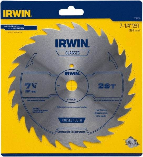 Irwin Blades - 7-1/4" Diam, 5/8" Arbor Hole Diam, 26 Tooth Wet & Dry Cut Saw Blade - High Carbon Steel, Smooth Action, Diamond Arbor - Exact Industrial Supply