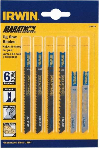 Irwin Blades - 6 Piece, 3-1/4" to 4" Long, 6 to 20 Teeth per Inch, Bi-Metal and Carbon Jig Saw Blade Set - Toothed Edge, U-Shank - Exact Industrial Supply