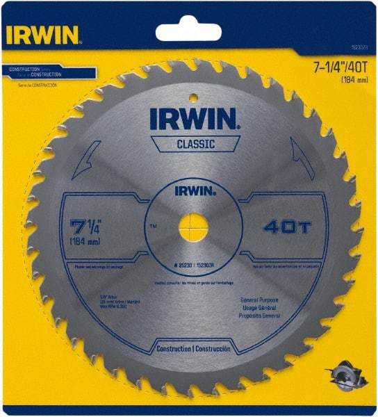 Irwin Blades - 7-1/4" Diam, 5/8" Arbor Hole Diam, 40 Tooth Wet & Dry Cut Saw Blade - Carbide-Tipped, Smooth Action, Diamond Arbor - Exact Industrial Supply