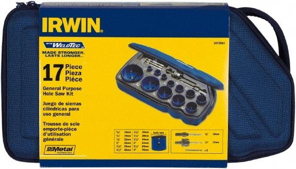 Irwin - 17 Piece, 5/8" to 3" Saw Diam, General Purpose Hole Saw Kit - Bi-Metal, Toothed Edge, Pilot Drill Model No. 373000, Includes 12 Hole Saws - Exact Industrial Supply