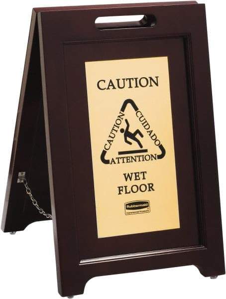 Rubbermaid - Attention/, Caution/, Cuidado/, Wet Floor, 15-1/8" Wide x 22" High, Wood Floor Sign - English/French/Spanish, A-Frame, Black on Gold, For Accident Prevention - Exact Industrial Supply