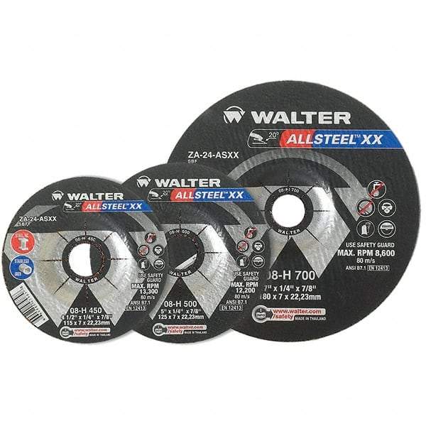 WALTER Surface Technologies - 24 Grit, 9" Wheel Diam, 1/4" Wheel Thickness, 7/8" Arbor Hole, Type 27 Depressed Center Wheel - Aluminum Oxide, Resinoid Bond, 6,600 Max RPM - Exact Industrial Supply