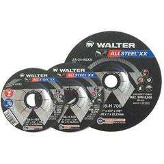 WALTER Surface Technologies - 24 Grit, 9" Wheel Diam, 1/4" Wheel Thickness, 7/8" Arbor Hole, Type 27 Depressed Center Wheel - Aluminum Oxide, Resinoid Bond, 6,600 Max RPM - Exact Industrial Supply