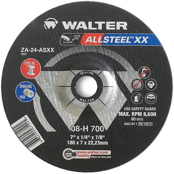 WALTER Surface Technologies - 24 Grit, 7" Wheel Diam, 1/4" Wheel Thickness, 7/8" Arbor Hole, Type 27 Depressed Center Wheel - Aluminum Oxide, Resinoid Bond, 8,600 Max RPM - Exact Industrial Supply