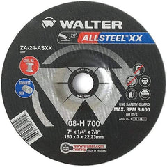 WALTER Surface Technologies - 24 Grit, 7" Wheel Diam, 1/4" Wheel Thickness, 7/8" Arbor Hole, Type 27 Depressed Center Wheel - Aluminum Oxide, Resinoid Bond, 8,600 Max RPM - Exact Industrial Supply