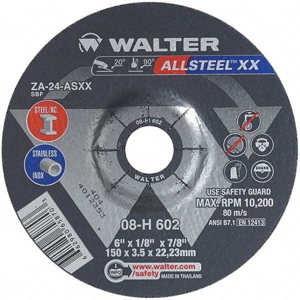 WALTER Surface Technologies - 24 Grit, 6" Wheel Diam, 1/8" Wheel Thickness, 7/8" Arbor Hole, Type 27 Depressed Center Wheel - Aluminum Oxide, Resinoid Bond, 10,200 Max RPM - Exact Industrial Supply