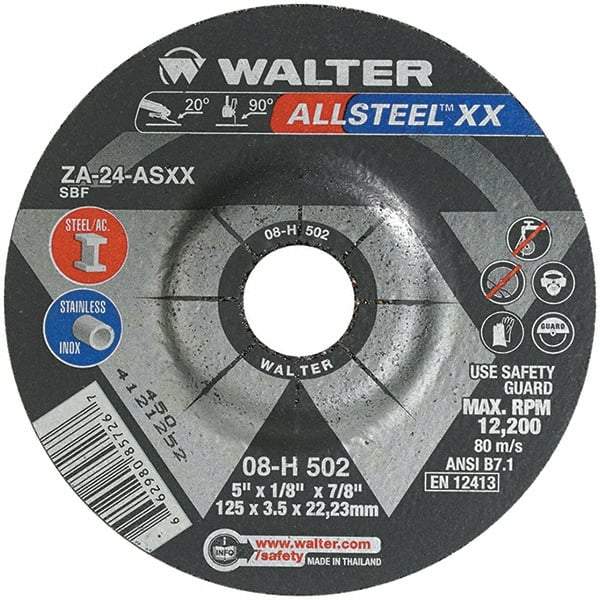 WALTER Surface Technologies - 24 Grit, 5" Wheel Diam, 1/8" Wheel Thickness, 7/8" Arbor Hole, Type 27 Depressed Center Wheel - Aluminum Oxide, Resinoid Bond, 12,200 Max RPM - Exact Industrial Supply
