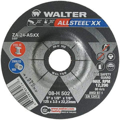 WALTER Surface Technologies - 24 Grit, 5" Wheel Diam, 1/8" Wheel Thickness, 7/8" Arbor Hole, Type 27 Depressed Center Wheel - Aluminum Oxide, Resinoid Bond, 12,200 Max RPM - Exact Industrial Supply