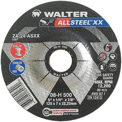 WALTER Surface Technologies - 24 Grit, 5" Wheel Diam, 1/4" Wheel Thickness, 7/8" Arbor Hole, Type 27 Depressed Center Wheel - Aluminum Oxide, Resinoid Bond, 12,200 Max RPM - Exact Industrial Supply