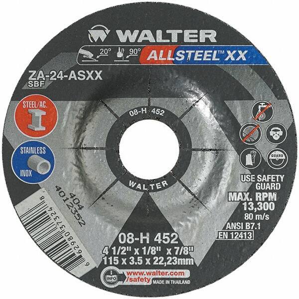 WALTER Surface Technologies - 24 Grit, 4-1/2" Wheel Diam, 1/8" Wheel Thickness, 7/8" Arbor Hole, Type 27 Depressed Center Wheel - Aluminum Oxide, Resinoid Bond, 13,300 Max RPM - Exact Industrial Supply