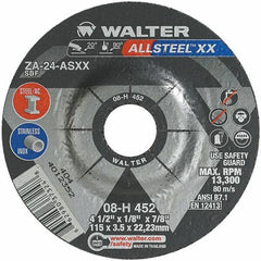 WALTER Surface Technologies - 24 Grit, 4-1/2" Wheel Diam, 1/8" Wheel Thickness, 7/8" Arbor Hole, Type 27 Depressed Center Wheel - Aluminum Oxide, Resinoid Bond, 13,300 Max RPM - Exact Industrial Supply