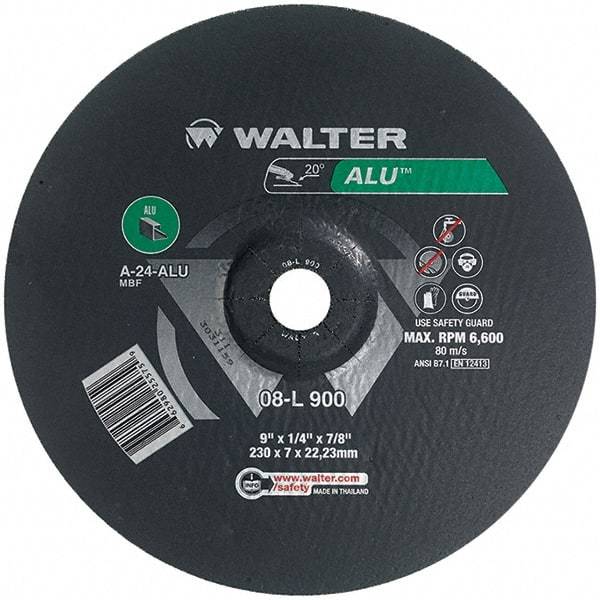 WALTER Surface Technologies - 24 Grit, 9" Wheel Diam, 1/4" Wheel Thickness, 7/8" Arbor Hole, Type 27 Depressed Center Wheel - Aluminum Oxide, Resinoid Bond, 6,600 Max RPM - Exact Industrial Supply